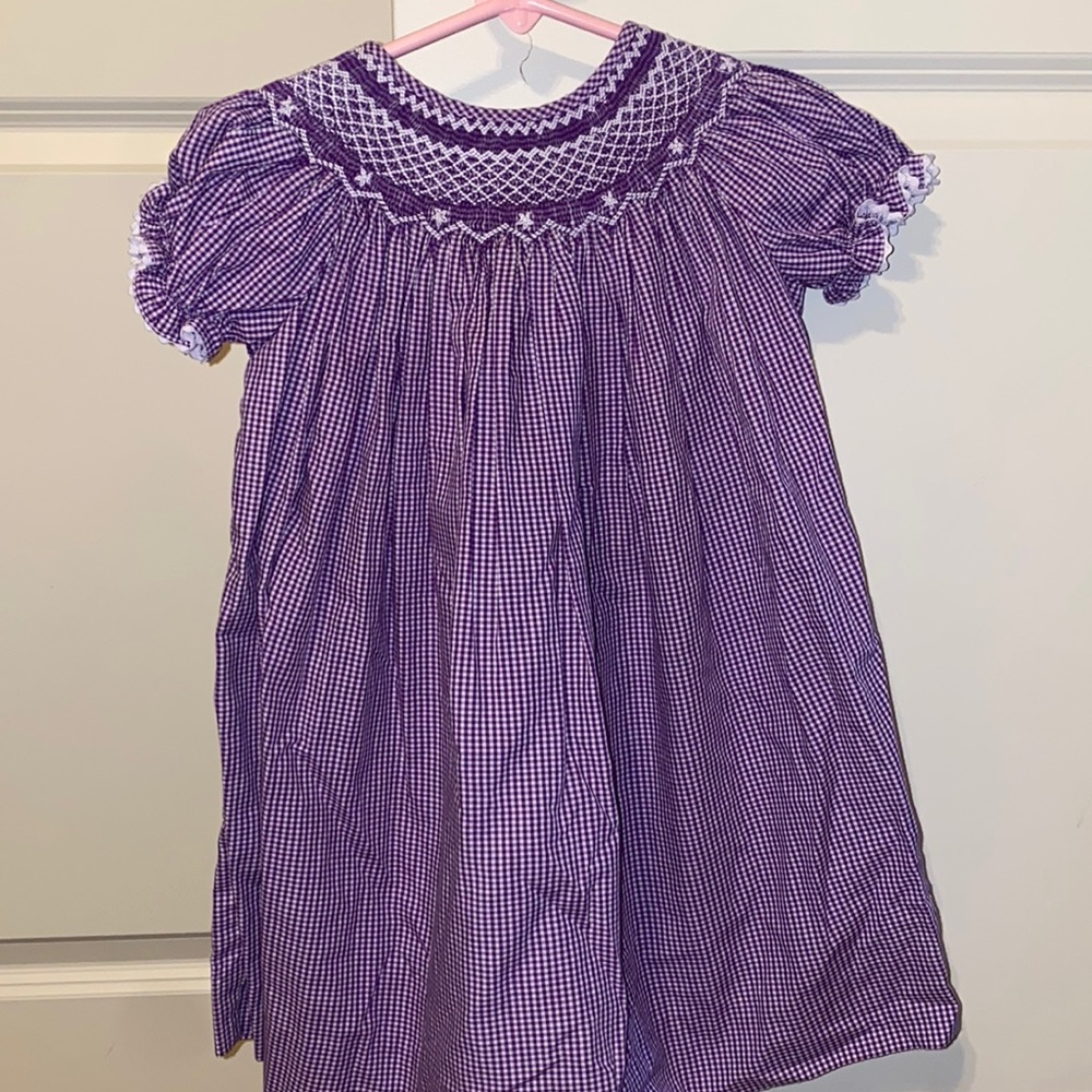 Purple and white gingham smocked dress